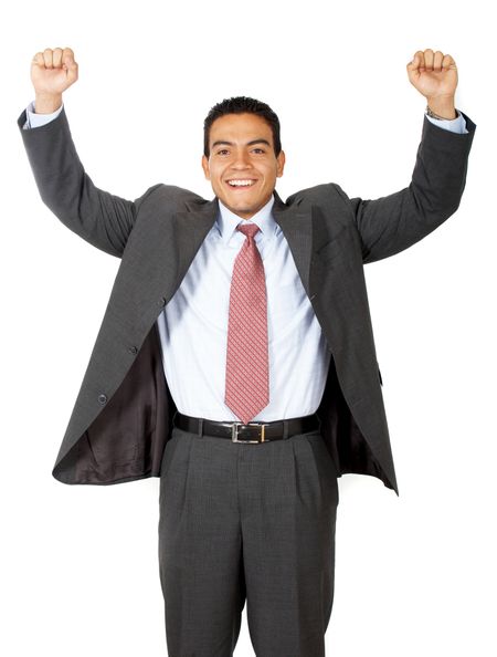 business man with his arms up representing his success isolated over a white background