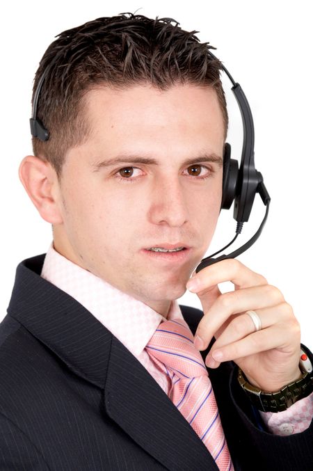 male customer service representative smiling over a white background