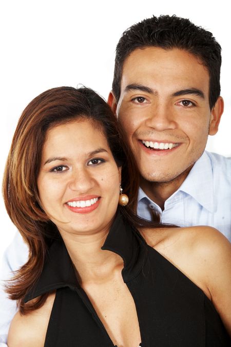 happy young couple portrait smiling isolated over a white background