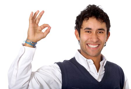 casual man doing the okay sign isolated over a white background