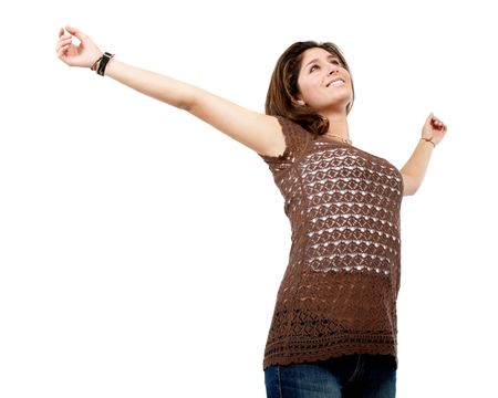 freedom- casual woman with her arms open isolated over a white background