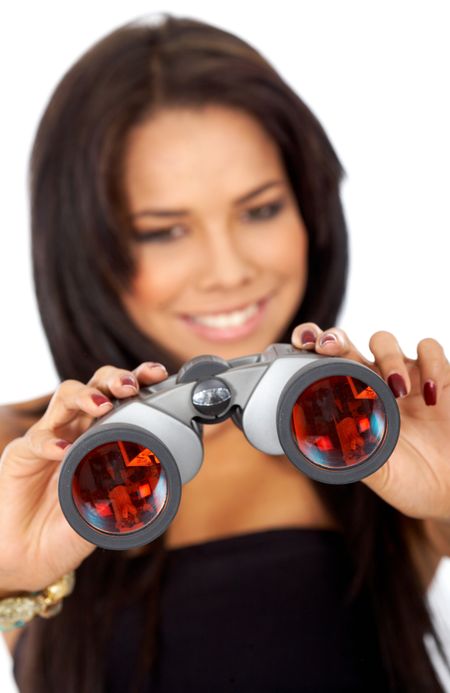 business woman searching with binoculars isolated over a white background