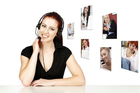 Professional woman talking on a headset in her office at work, displaying a concept of her customers