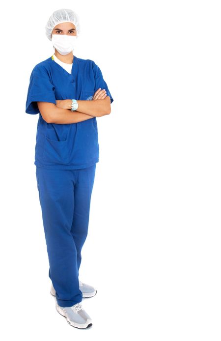 female doctor standing and smiling isolated over a white background