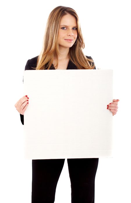 business woman holding a banner add