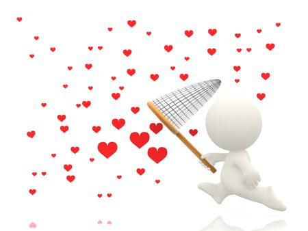3D man catching hearts with a net - isolated over a white background