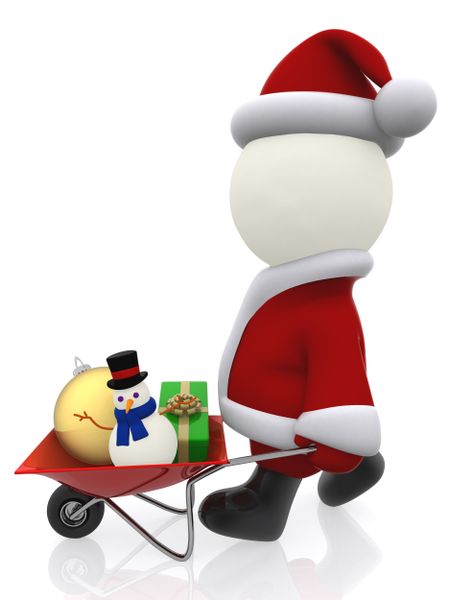 3D Santa pushing a wheelbarrow with Christmas stuff - isolated over white