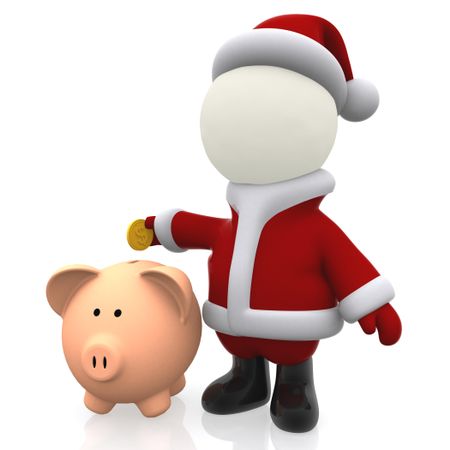 3D Santa Claus saving money in a piggybank - isolated over white