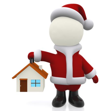 3D Santa holding a house for Christmas - isolated over white