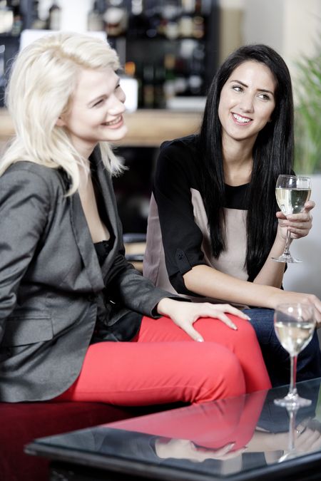 female friends enjoying a drink together at a wine bar.