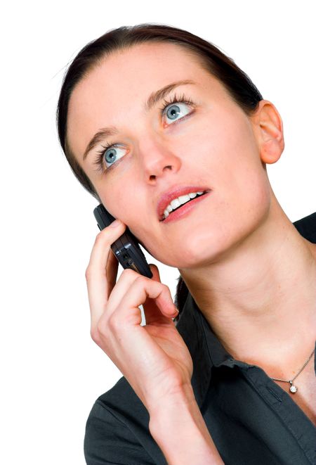 business woman on a mobile phone over white