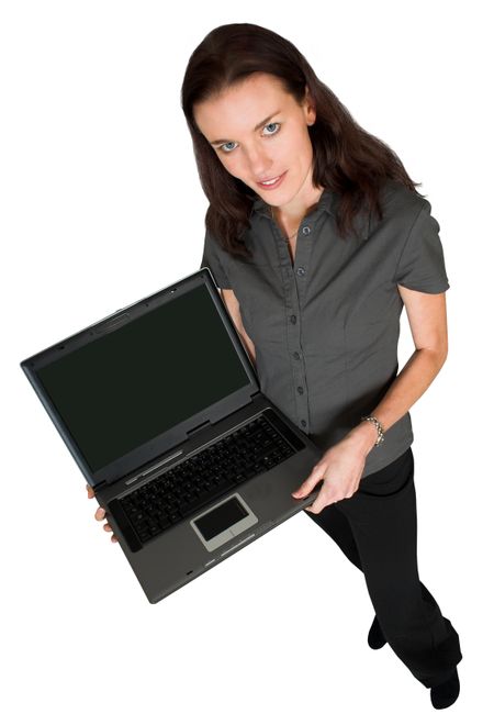business woman with laptop full body over white