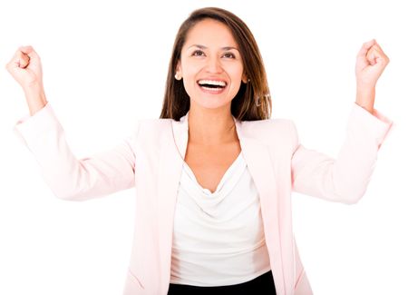 Business woman celebrating with arms up - isolated over white