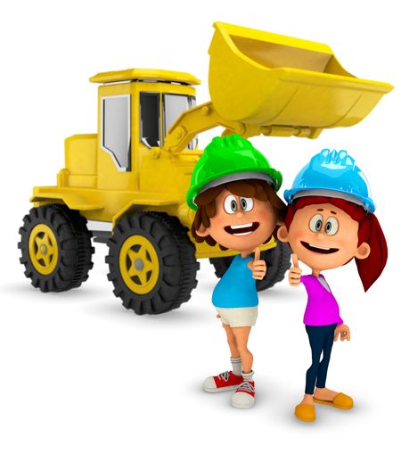3D young construction workers with a bulldozer - isolated over white