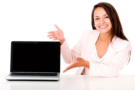 Business woman showing a laptop screen - isolated over white