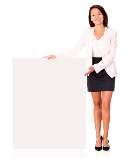 Happy business woman with a banner - isolated over white