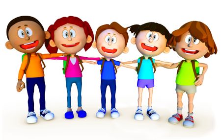 3D group of school kids - isolated over a white background