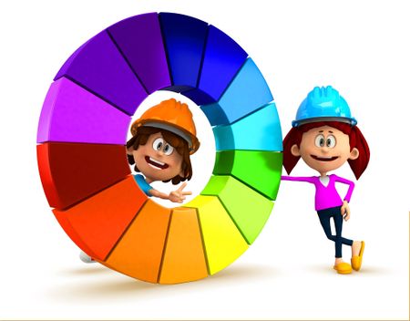 3D kids with a color chart having fun - isolated over white