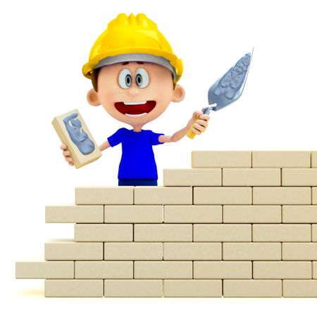 3D Construction worker building a wall - isolated over a white background