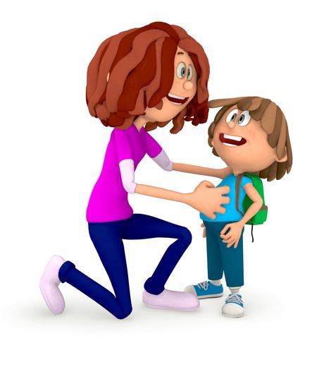 3D Mum sending kid to the school - isolated over a white background