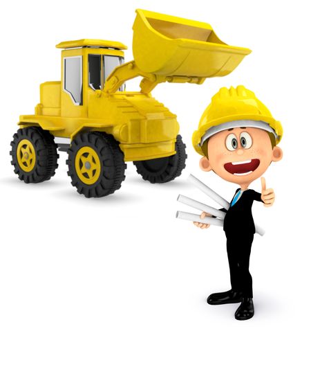 3D Construction worker with a bulldozer - isolated over a white background