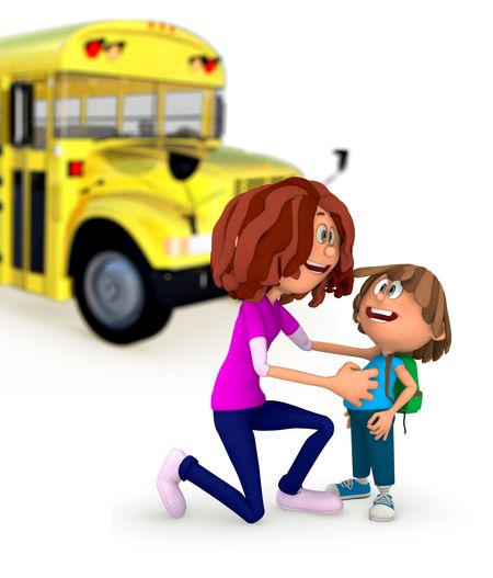 3D Mother sending kid off to school - isolated over a white background