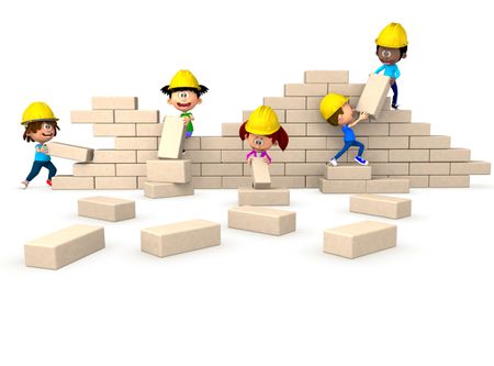 3D group of kids building a wall as a team - isolated