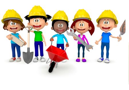 3D kids working in construction and wearing helmets - isolated over white