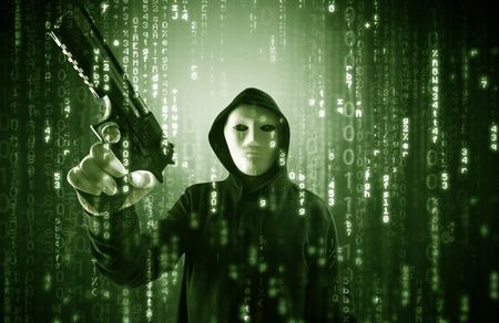 Masked and armed anonymous hacker breaking in cyber security cloud data concept