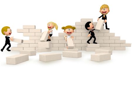 3D business people building a wall - isolated over a white background