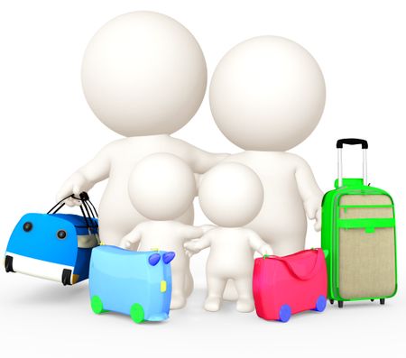 3D family going on holidays - isolated over a white background