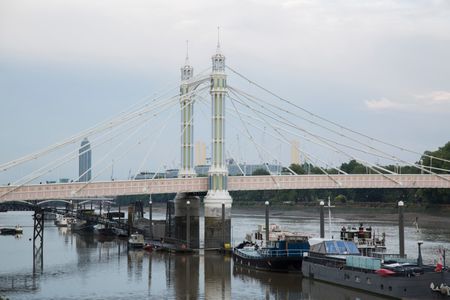 Albert Bridge with Barges; Chelsea; London; England; UK