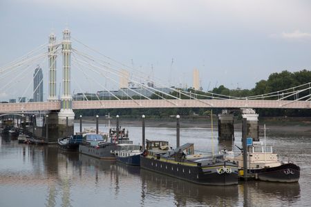 Albert Bridge with Barges; Chelsea; London; England; UK