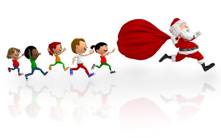 3D kids chasing after Santa to get Christmas presents - isolated over white