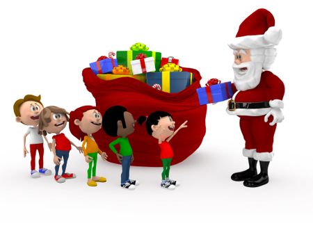 3D Santa giving Christmas presents to a group of kids queuing - isolated