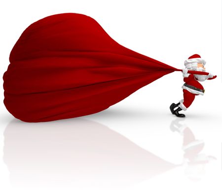 3D Santa carrying a heavy gift sack - isolated over white background