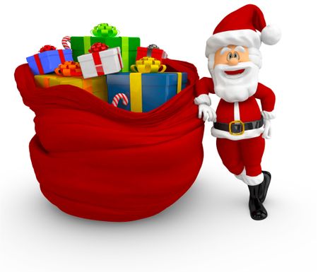 3D Santa with a bag of presents - isolated over a white background