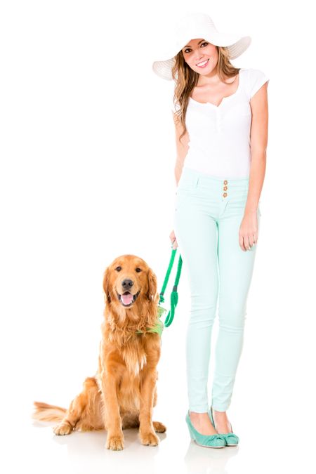 Summer woman with a cute dog - isolated over a white background