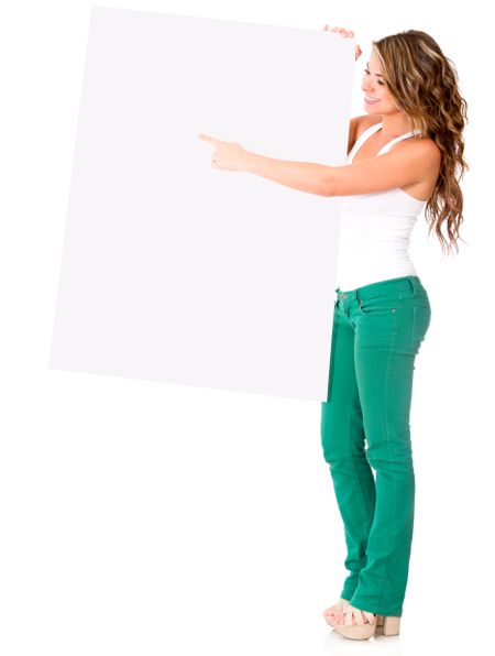 Woman pointing at a banner - isolated over a white background
