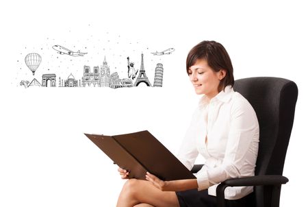 Young woman presenting famous cities and landmarks isolated on white