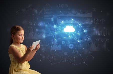 Adorable girl working on tablet with cloud technology concept