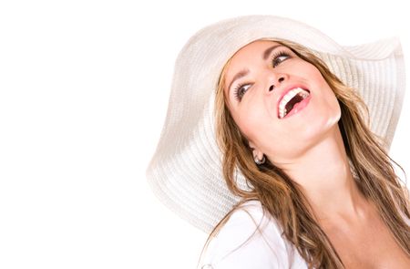 Woman with a summer hat - isolated over a white background