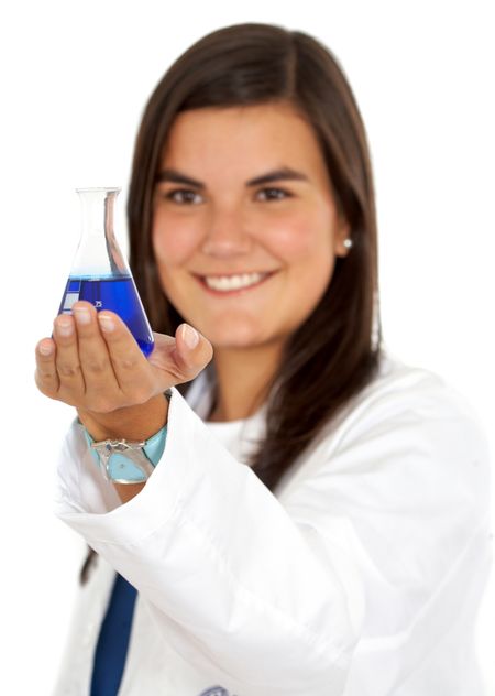 female chemist using test tubes over a white background