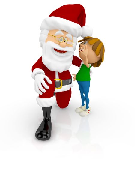 3D Santa with a boy tellking him a secret - isolated over white background