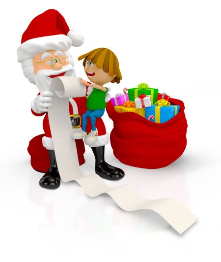 3D Santa with a kid and a list of gifts - isolated over white