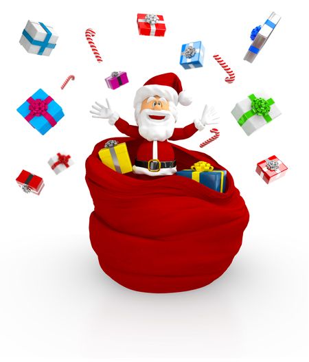 3D Happy Santa throwing gifts - isolated over a white background