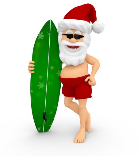 3D Santa enjoying the Christmas holidays with a surfboard - isolated