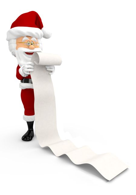 3D Santa with a long Christmas list - isolated over a white background