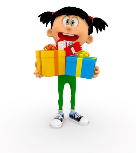 3D kid holding gifts - isolated over a white background
