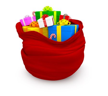 3D Christmas sack of gifts - isolated over a white background